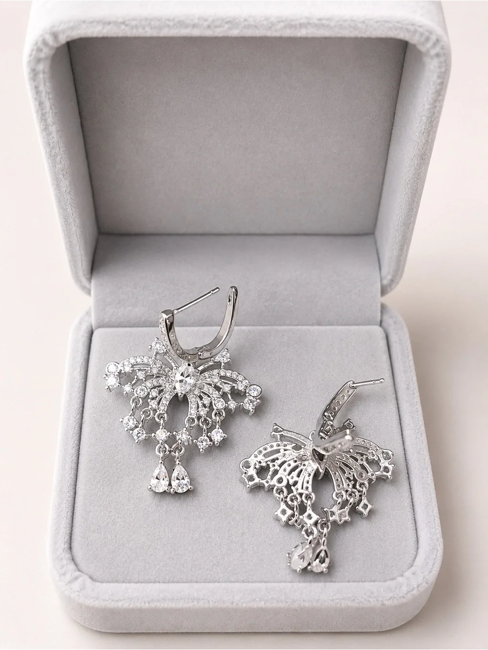 Silver Tone Butterfly CZ Dangle Earrings | Elegant Statement Earrings